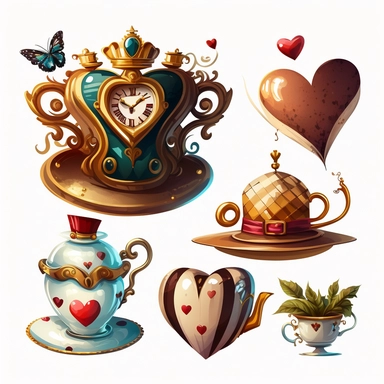 collection of big crazy hat , teapot,magic book, teacup, hearts cards, gold melted clock,striped cat ,queen of hearts vector clipart on white background