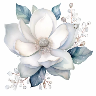 clipart magnolia, watercolor, white background, silver sequins