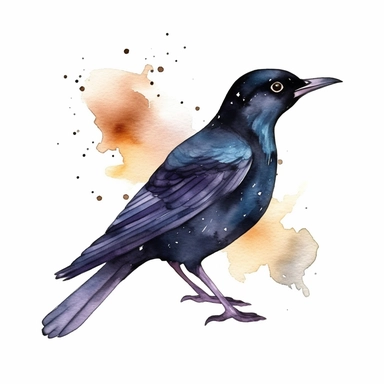 Watercolor blackbird clipart, white isolated background, space out, hd