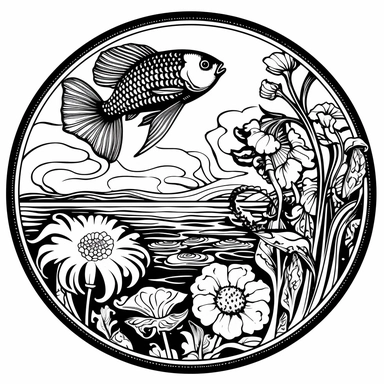 Left aligned, bottom aligned, quarter of a circle, art nouveau style, fish, black lines, detailed, flat design, flat flowers and bird, white background, clipart style, black and white,