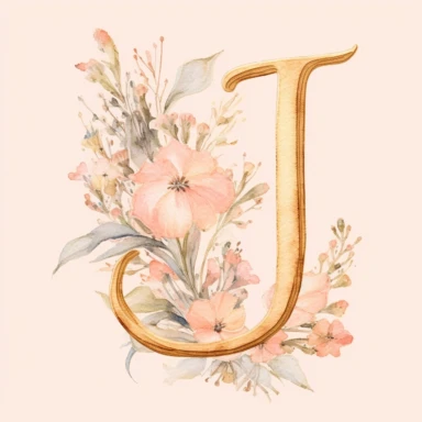 Clipart, Watercolor, Delicate, fine line, Gold Alphabet letter J, with soft pink flowers, pastel colors, hand-draw, texture