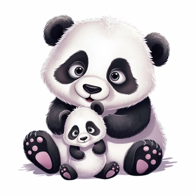 a mommy and baby panda, very fluffy, disney style, clipart on white background, no shading