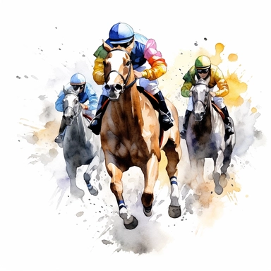 Horse racing, highly detailed, watercolor, clipart, illustration, white background, digital painting, paper crafting, no signature, no text