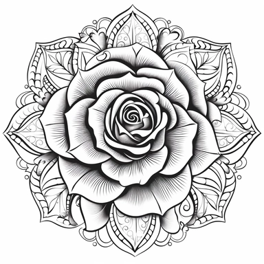 rose mandala. no shading. lines and dots. black. simple. clipart. white background