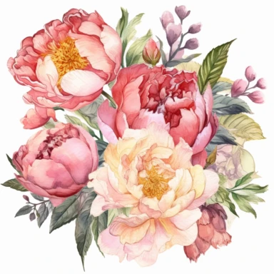 Create a watercolor clipart scene of a peony bouquet, capturing the natural beauty and vibrant colors of these flowers in the Michelangelo-inspired Watercolor Haven style on a white background. Emphasize the rich colors, intricate details, and sense of depth and volume, perfect for nature-inspired projects.