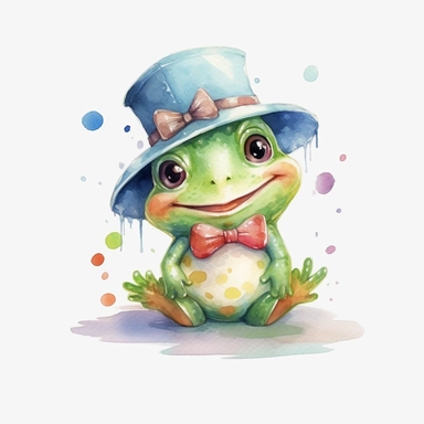 a captivating watercolor clipart image with a white background and white margins, featuring a cute sweet kawaii extremely happy smiling baby frog in a hat and a tie. The ultra-detailed, hand-drawn elements capture the details. Use vibrant shades of various colors to create a visually appealing image