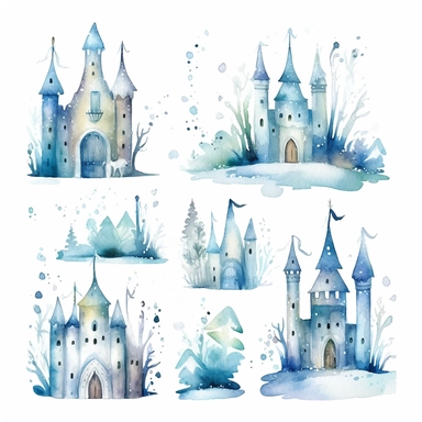 Clipart watercolor, newborn , icy blue colours theme: frozen inspired ice castles, snow flakes, snow man, seperate drawings on a white background with a margin, drawing with watercolors, cute for kids room, minimalistic, adorable, shabby chic ,baby nursery | ar: 16x9