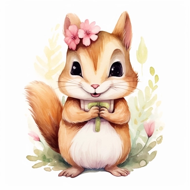 a captivating watercolor clipart image with a white background and white margins, featuring a cure sweet kawaii chipmunk. The ultra-detailed, hand-drawn elements capture the details. Use vibrant shades of various colors to create a visually appealing image