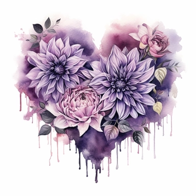 a heart shape made with Soft Purple and Pastel Purple Dahlia flowers, wet on dry watercolour style, dark gothic antique look, clipart, white background