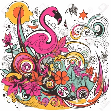 whacky vignette, vector retro summer clipart, bright colors, happy feeling, white background, smiley, flamingo, palm tree, wave, flower, thick black contour lines , cartooney, in the style of ed roth