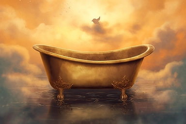 realistic clipart gold bathtub in foggy enchanted sky, digital painting