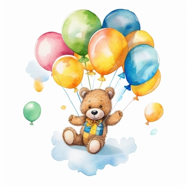 a captivating watercolor clipart image with a white background and white margins, featuring a baby bear floating on a cloud, holding onto a string of colorful balloons. The ultra-detailed, hand-drawn elements capture the playfulness and lightness of the baby bear. Use bright shades of various colors to create a visually appealing and joyful image that conveys a sense of celebration and happiness.