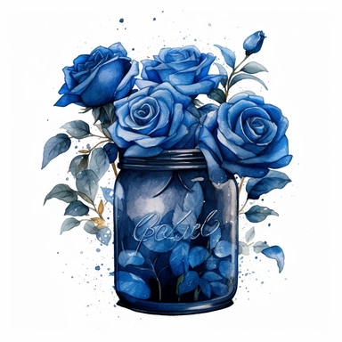 A watercolor painting of blue roses in a jar, in the style of nostalgic illustration, graceful, illustration, transparent layers, elegant, emotive faces Sublimation Clipart,hyper realistic, intricate detail, illustration style,high solution,on the white background
