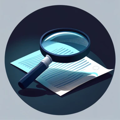 extremely simple corporate clipart, vector image of an magnifying glass reviewing important legal documents sticker, PowerPoint, Adobe Illustrator, corporate clip art for a presentation, dark blue and light blue mood