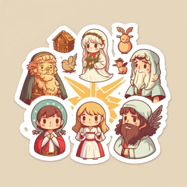 vector sticker design, anime style Christmas nativity clipart, white background, flat colors