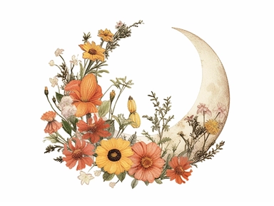 vintage pressed flowers, in a crescent moon shape, for a T-shirt graphic, minimalist, white background with margins, clipart style