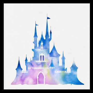 circular design with a bright pastel pink watercolor outline shadow of the castle as in Disney on a white background as a clipart, girly and puppet like, colorful and bright, high quality and traced in detail, girly colors pink and such light colors