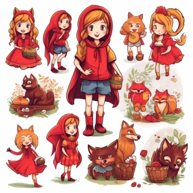 Master bundle clipart for kids t-shirts. Multiple motifs of [little red riding hood] bundled together. Pure white background. Sharp focus, ultra realistic illustration, primary colors