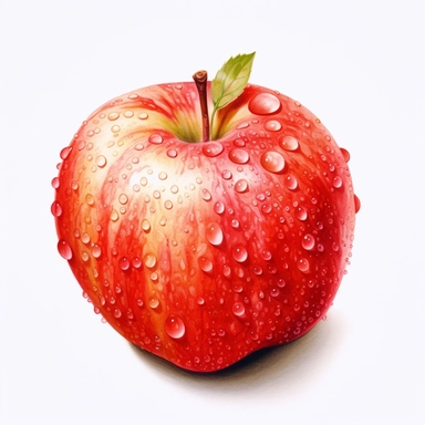watercolor, hyper realistic, white background, white margins, 16k, ultra detailed clipart, cut out image, hand-drawn a close-up of a single apple with dewdrops on its skin, highlighting its vibrant color and crisp texture.