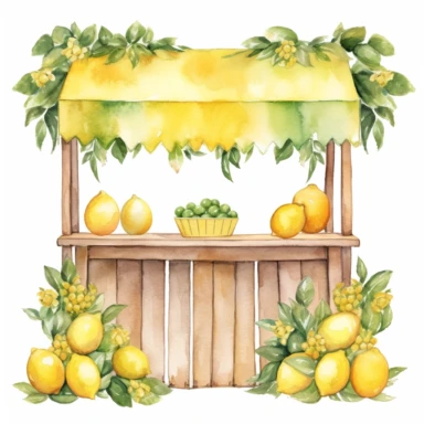 watercolor lemonade counter under the tree clipart, white background
