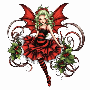 christmas fairy, clipart, red and green, black white stripes, holly, , isolated on white background, in the style of Amy Brown, beautiful christmas floral, bright color, crisp lines, chaos 8