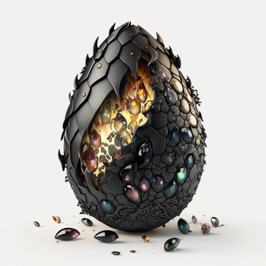 flaming black dragon egg, gems, painting, clipart, no text, white background