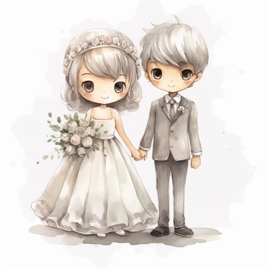 full body Little bride and groom, Watercolor Clipart, strybk, full Illustration, 4k, sharp focus, watercolor, smooth soft skin, symmetrical, soft lighting, detailed face, concept art, muted colors, watercolor style, strybk, children's style fairy tales, chibi kawaii, . Octane rendering, 3d. Perfect face, detailed face, delicate face, perfect sharp lips, detailed eyes. Craig Davison, Aubrey Beardsley, Conrad Roset, Aikut Aidogdu, Agnes Cecil, watercolor style