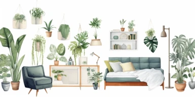watercolor illustration. Mood board with modern furniture, houseplants and decor elements. Interior home clip art collection isolated on white background
