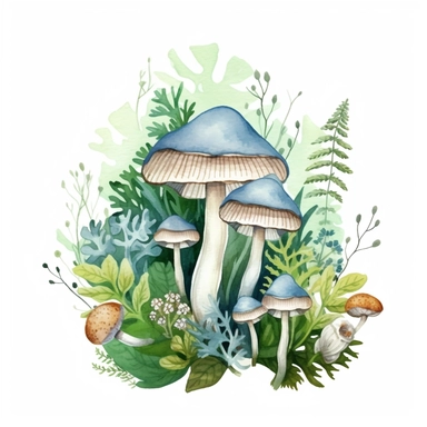 White and cyne magic mushrooms, morel mushroom, button mushrooms, watercolor illustration, plants and small flowers around and creating some background, green leaves and ferns, dreamy, intricate details, clipart