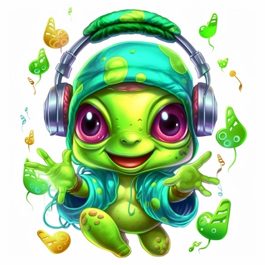 lisa frank style clip art cartoon of green alien with headphones on dancing with mushrooms