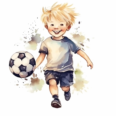 watercolor style a smiling happy boy with blond hair playing soccer childish sweet cute clipart neutral colors on white background