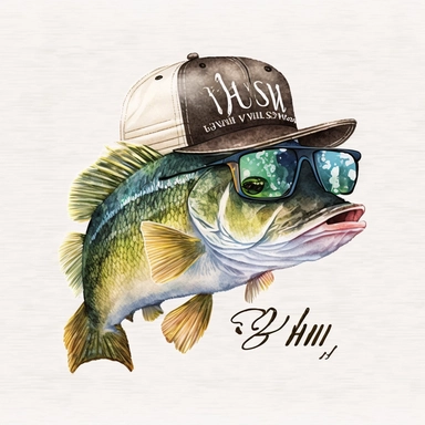 hand drawn, watercolor clipart, bass fish with sunglasses and cap, detailed, natural colors, vibrant, white background--no text