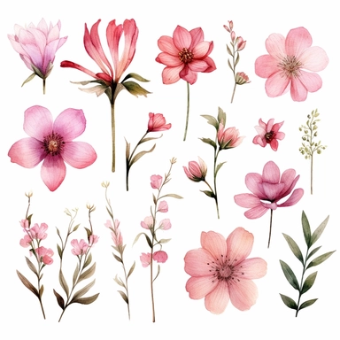 Captivating watercolor clipart set featuring different pink flower species, portrayed from various angles, arranged in a composition that appears as if the flowers are gracefully floating in mid-air, inviting the viewer to join them on a whimsical journey through the realms of imagination, clipart on a white backdrop.