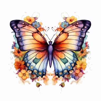 Beautiful colorful butterfly on flowers, summer vibes, hand drawing digital art, clean design, clean art, sublimation, colorful, watercolor style, white background, 4K, extremely detailed, clipart