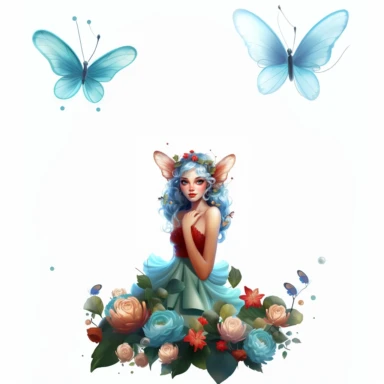 a whimsicel beautiful Fairy Closeup face, big blue deep eyes, with high detailing with facial hare and lips, laughing , a big Ladybugs sitting on her hand, Clipart on a white background