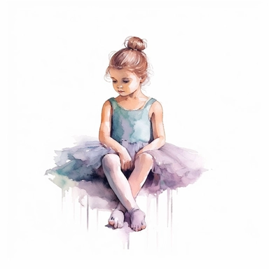 watercolor style, little ballerina in sitting position girl of 5 years old clipart, isolated on white background, hd