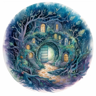 watercolor, hyper realistic, white background, white margins, 16k, ultra detailed clipart, cut out image, hand-drawn, whimsical a magical portal hidden deep in the heart of a dark forest with swirling colors and glowing runes. The color scheme should be a blend of deep blues, purples, and greens with hints of silver and gold.