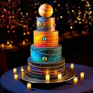 Interactive cosmic love cake, 5-tier, spherical design, each tier representing a celestial body in the couple's unique solar system, hand-painted with edible luminescent colors, creating an ethereal glow in dim lighting, a motorized, food-safe mechanism enabling the tiers to rotate slowly, decorated with sugar constellations depicting the couple's love story, an embedded touchscreen interface allowing guests to explore the cake's design, and a built-in, synchronized light and sound show that act