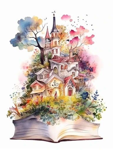 Watercolor clipart with white background, open book, magical fantasy kingdom, secret garden, flat design, clearly defined, high quality clipart
