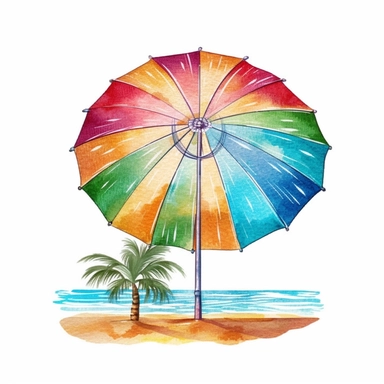 Create a vibrant watercolor illustration of a bright sun with rays and a colorful beach umbrella. This clip art can be used to represent a sunny summer day at the beach,8k