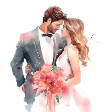 Artistic cute wedding illustrations clipart, newlyweds, on a white background, vibrant color watercolors, husband and wife on their wedding day, love, realistic watercolor painting style