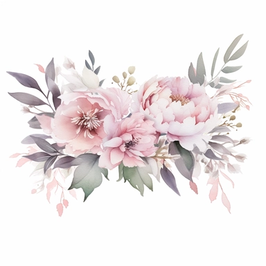 dusty pink peony arrangement watercolor, white simple background, modern STYLE, fairy style, muted color, watercolor touch, A dusty pink and white floral premade border, with elements of leaves, wildflowers and silver dollar leaves,, elegant, light, airy, fresh, classy, modern, minimalist design, no borders, Watercolor Flowers Clipart, airy dreamy pale, horizontal Premade border v 4 ar 19:16