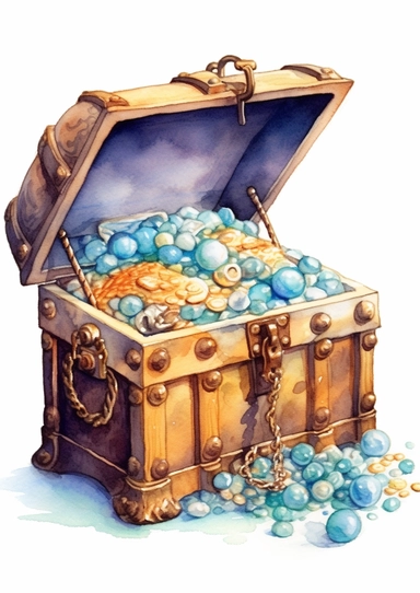 cute watercolor underwater treasure chest full of pearls clipart, full body, hd, on white background, spaced out