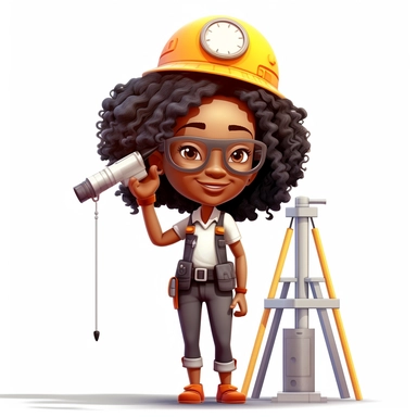 black woman architect cute character clipart, measuring a building, white background