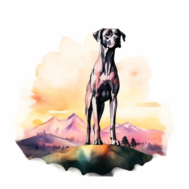 Majestic Great Dane standing tall and proud against a backdrop of rolling hills and a colorful sunset, capturing its regal and noble presence, white background, watercolor clipart.