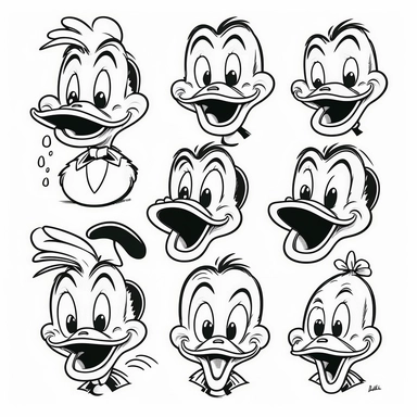 only outline of donald duck with various facial expressions for children's drawing, clipart