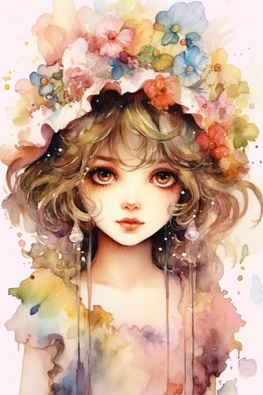 Fairy tale girl with a beautiful innocent kawaii 80s painting Watercolor clipart, hugh eyes, sarah kay and holly hobbies