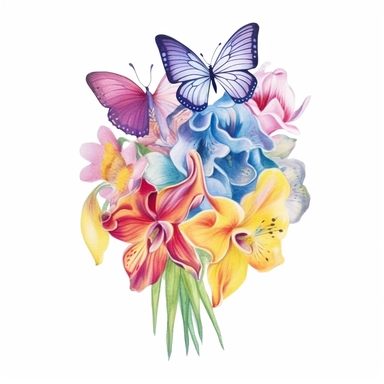Design a dreamy watercolor clipart of a Bouquet of butterfly-shaped flowers such as orchids, lilies, and calla lilies arranged in a whimsical and enchanting display composition, hand-painted with soft and graceful brushstrokes. Draw inspiration from the artistic finesse of Ethereal Petals Watercolors for a refined and ethereal depiction. isolated on a white background, hand-drawn illustration, hand-painted watercolor texture, 16k UHD resolution, intricately detailed, sharp focal points, designed