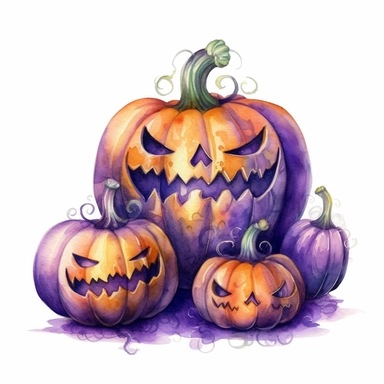 hand drawn Halloween pumpkins with carved faces that are glowing, sitting together at various sizes and heights,Halloween, purple orange and green shades, fantasy, glamorous, clipart style, detailed and realistic, watercolor, white background with margins