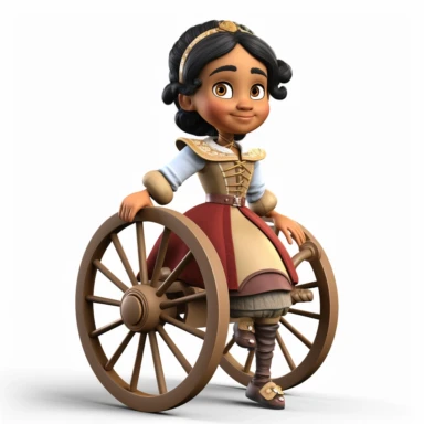 cute 3d cute little girl historian clipart, various ethnicities, in early modern historical era wheelchair, full body, on white background
